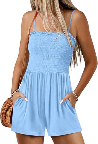 Women Summer Casual Square Neck Rompers Sleeveless Spaghetti Strap Shorts Jumpsuit with Pockets Outfits Clothes in Saudi Arabia
