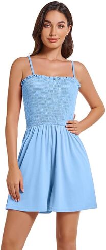 Women Summer Casual Square Neck Rompers Sleeveless Spaghetti Strap Shorts Jumpsuit with Pockets Outfits Clothes in Saudi Arabia