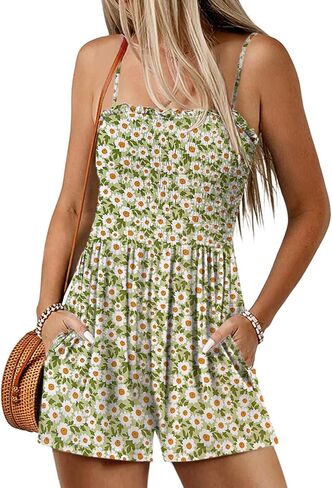 Women Summer Casual Square Neck Rompers Sleeveless Spaghetti Strap Shorts Jumpsuit with Pockets Outfits Clothes in Saudi Arabia