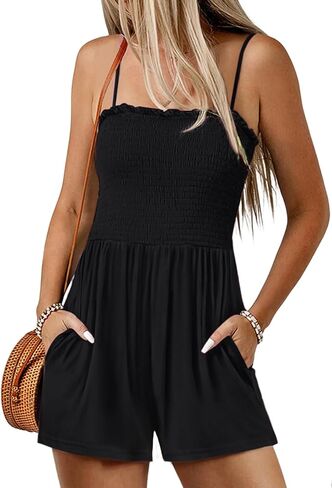 Women Summer Casual Square Neck Rompers Sleeveless Spaghetti Strap Shorts Jumpsuit with Pockets Outfits Clothes in Saudi Arabia