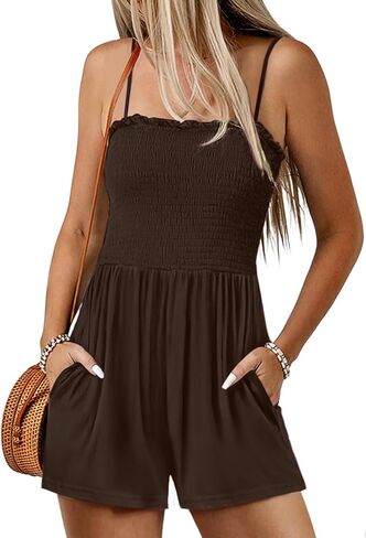 Women Summer Casual Square Neck Rompers Sleeveless Spaghetti Strap Shorts Jumpsuit with Pockets Outfits Clothes in Saudi Arabia
