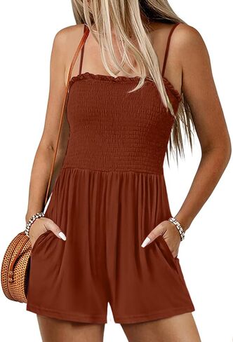 Women Summer Casual Square Neck Rompers Sleeveless Spaghetti Strap Shorts Jumpsuit with Pockets Outfits Clothes in Saudi Arabia
