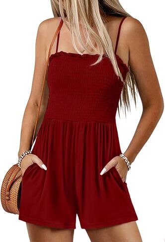 Women Summer Casual Square Neck Rompers Sleeveless Spaghetti Strap Shorts Jumpsuit with Pockets Outfits Clothes in Saudi Arabia