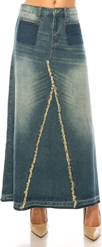 Distressed Denim Maxi Skirt, Vintage Wash, Triangle Cut Design, Ankle Length in Saudi Arabia