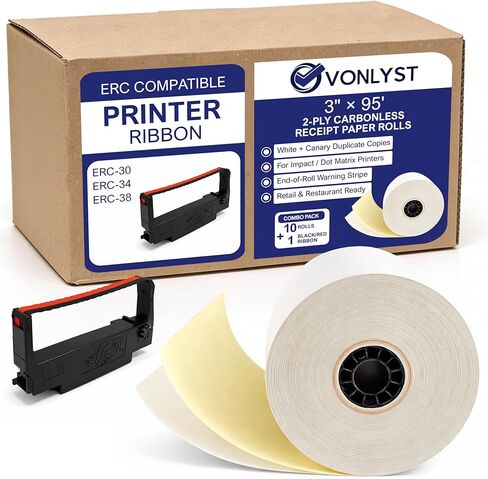 لفات ورق إيصالات خالية من الكربون مكونة من طبقتين مقاس 3 بوصات × 95 بوصة باللون الأبيض/الكناري - متوافقة مع Epson ERC-30 / ERC-34 / ERC-38 - 10 لفات + شريط طابعة بديل من Vonlyst in Kuwait