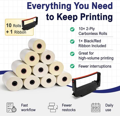 لفات ورق إيصالات خالية من الكربون مكونة من طبقتين مقاس 3 بوصات × 95 بوصة باللون الأبيض/الكناري - متوافقة مع Epson ERC-30 / ERC-34 / ERC-38 - 10 لفات + شريط طابعة بديل من Vonlyst in Kuwait