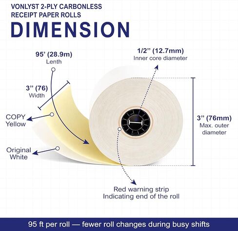 لفات ورق إيصالات خالية من الكربون مكونة من طبقتين مقاس 3 بوصات × 95 بوصة باللون الأبيض/الكناري - متوافقة مع Epson ERC-30 / ERC-34 / ERC-38 - 10 لفات + شريط طابعة بديل من Vonlyst in Kuwait