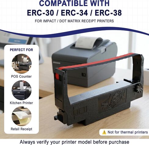 لفات ورق إيصالات خالية من الكربون مكونة من طبقتين مقاس 3 بوصات × 95 بوصة باللون الأبيض/الكناري - متوافقة مع Epson ERC-30 / ERC-34 / ERC-38 - 10 لفات + شريط طابعة بديل من Vonlyst in Kuwait