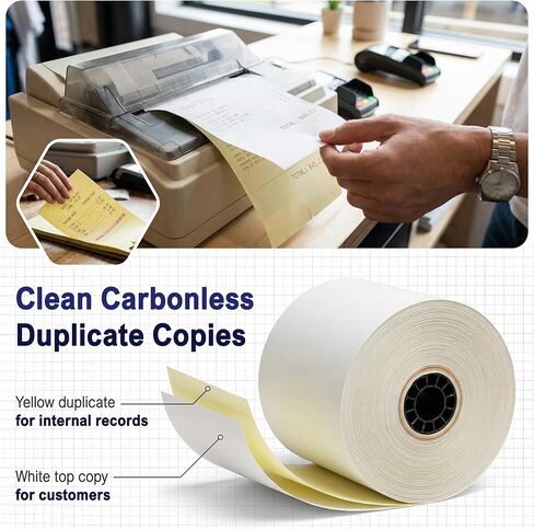 لفات ورق إيصالات خالية من الكربون مكونة من طبقتين مقاس 3 بوصات × 95 بوصة باللون الأبيض/الكناري - متوافقة مع Epson ERC-30 / ERC-34 / ERC-38 - 10 لفات + شريط طابعة بديل من Vonlyst in Kuwait