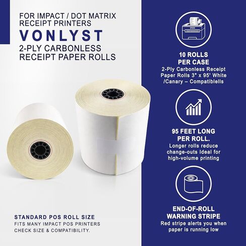 لفات ورق إيصالات خالية من الكربون مكونة من طبقتين مقاس 3 بوصات × 95 بوصة باللون الأبيض/الكناري - متوافقة مع Epson ERC-30 / ERC-34 / ERC-38 - 10 لفات + شريط طابعة بديل من Vonlyst in Kuwait