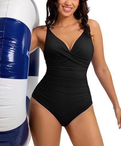 Popilush One Piece Swimsuit Women Tummy Control V Neck Ruched Shapewear Swimsuits Summer Beach Pool Vacation in Saudi Arabia