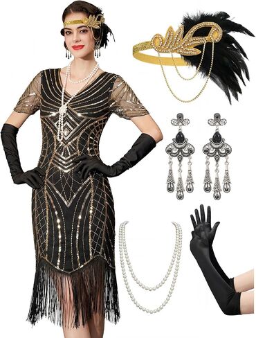YESSA 1920s Flapper Dresses for Women,Beaded Fringe Great Gatsby Dresses for Women Roaring 20s Costume Harlem Nights Outfits in Kuwait