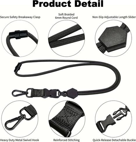 Breakaway Lanyards for ID Badges, Adjustable Round Cord Heavy Duty Lanyard with Metal Hook, Safety Key Lanyard Neck Strap for Cruise Keys Card Holder Teachers Black, 2 Pack in Kuwait