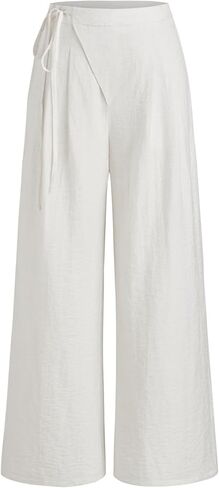 CIDER Linen Pants Women Knotted Pocket Wide Leg Trousers Mid Waist Regular Fit Long Length Casual Pants in Saudi Arabia