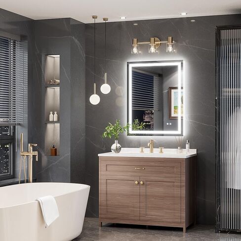 TokeShimi مرآة LED مقاس 28 × 36 للحمام، بإضاءة خلفية + إضاءة أمامية، مرآة حمام LED مع أضواء، مرآة بإضاءة خلفية مضادة للضباب مع زجاج مقسى، مقاومة للماء، وظيفة الذاكرة، مقاومة للكسر، مدرجة في قائمة UL in Kuwait