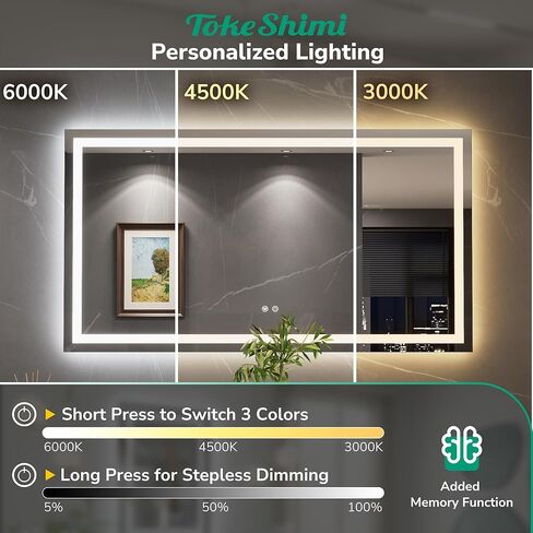 TokeShimi مرآة LED مقاس 28 × 36 للحمام، بإضاءة خلفية + إضاءة أمامية، مرآة حمام LED مع أضواء، مرآة بإضاءة خلفية مضادة للضباب مع زجاج مقسى، مقاومة للماء، وظيفة الذاكرة، مقاومة للكسر، مدرجة في قائمة UL in Kuwait