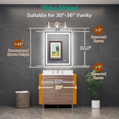 TokeShimi مرآة LED مقاس 28 × 36 للحمام، بإضاءة خلفية + إضاءة أمامية، مرآة حمام LED مع أضواء، مرآة بإضاءة خلفية مضادة للضباب مع زجاج مقسى، مقاومة للماء، وظيفة الذاكرة، مقاومة للكسر، مدرجة في قائمة UL in Kuwait