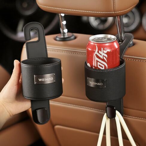 2Packs Cup Holder for Car Back Seat, Nappa Leather Storage Organizer Hook, 3 Inch Backseat Headrest Cup Holder for Car, Sedans, SUV, MPVS, Most Vehicles (Black) in Saudi Arabia