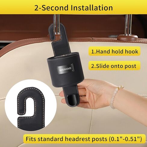 2Packs Cup Holder for Car Back Seat, Nappa Leather Storage Organizer Hook, 3 Inch Backseat Headrest Cup Holder for Car, Sedans, SUV, MPVS, Most Vehicles (Black) in Saudi Arabia