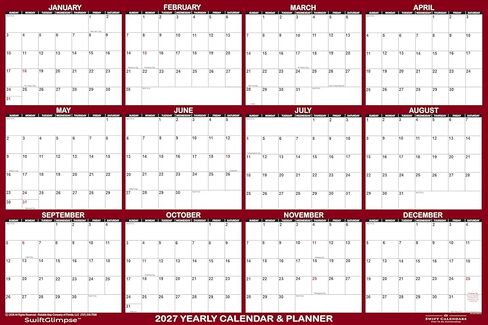 36" x 54" SwiftGlimpse 2027 Wall Calendar Erasable Large Wet & Dry Erase Laminated 12 Month Annual Yearly Wall Planner, Reversible, Horizontal/Vertical, Maroon in Kuwait