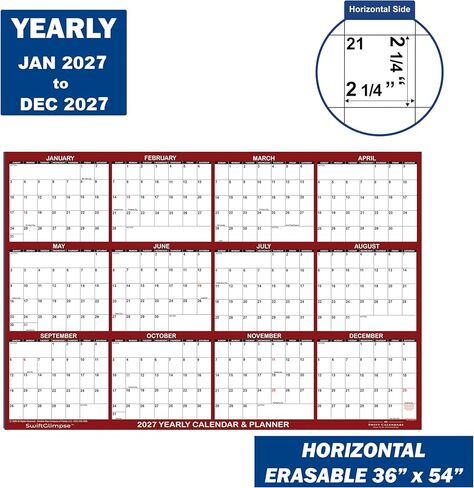 36" x 54" SwiftGlimpse 2027 Wall Calendar Erasable Large Wet & Dry Erase Laminated 12 Month Annual Yearly Wall Planner, Reversible, Horizontal/Vertical, Maroon in Kuwait