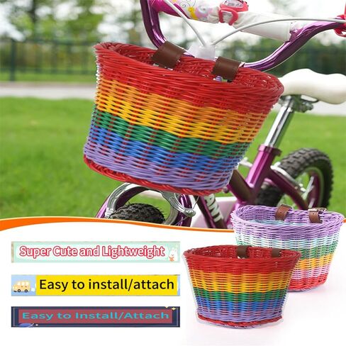 سلة الدراجة - سلة دراجة عميقة كبيرة للأطفال والكبار، سلة دراجة أمامية لطيفة جدًا منسوجة يدويًا بألوان قوس قزح للأولاد والبنات، سلة دراجة للأطفال والكبار، سلة دراجة كبيرة الحجم، 9 * 7.5 بوصة in Kuwait