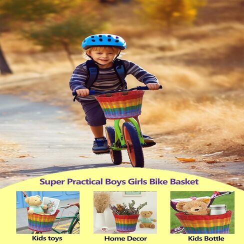 سلة الدراجة - سلة دراجة عميقة كبيرة للأطفال والكبار، سلة دراجة أمامية لطيفة جدًا منسوجة يدويًا بألوان قوس قزح للأولاد والبنات، سلة دراجة للأطفال والكبار، سلة دراجة كبيرة الحجم، 9 * 7.5 بوصة in Kuwait