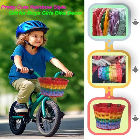 سلة الدراجة - سلة دراجة عميقة كبيرة للأطفال والكبار، سلة دراجة أمامية لطيفة جدًا منسوجة يدويًا بألوان قوس قزح للأولاد والبنات، سلة دراجة للأطفال والكبار، سلة دراجة كبيرة الحجم، 9 * 7.5 بوصة in Kuwait