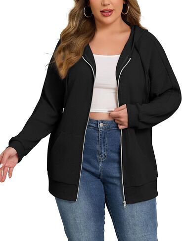 FOREYOND Plus Size Zip Up Hoodies for Women Long Sleeve Lightweight Waffle Jacket Casual Hooded Sweatshirt with Pockets in Saudi Arabia