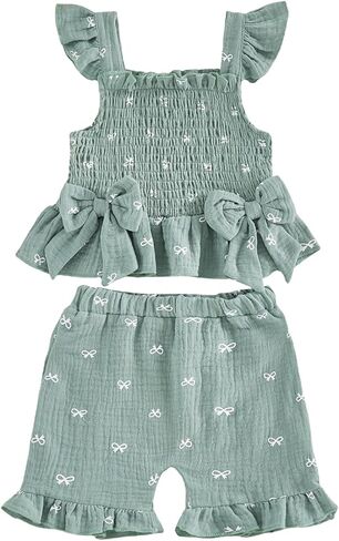 Toddler Baby Girl Daisy Outfit Summer Clothes Bowknot Smocked Camisole Tank Top Ruffle Shorts Set in Saudi Arabia