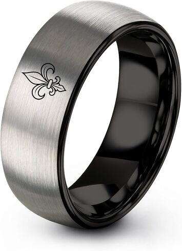 Fleur De Lis Ring - Gift for Royalty Fan - Tungsten - Personalized Custom Engraving - Brushed Polished - 8mm - Black Yellow Gold Silver - Men Women - Flat Dome Bevel - Band - Anniversary Wedding in Saudi Arabia