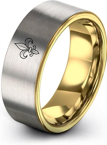 Fleur De Lis Ring - Gift for Royalty Fan - Tungsten - Personalized Custom Engraving - Brushed Polished - 8mm - Black Yellow Gold Silver - Men Women - Flat Dome Bevel - Band - Anniversary Wedding in Saudi Arabia