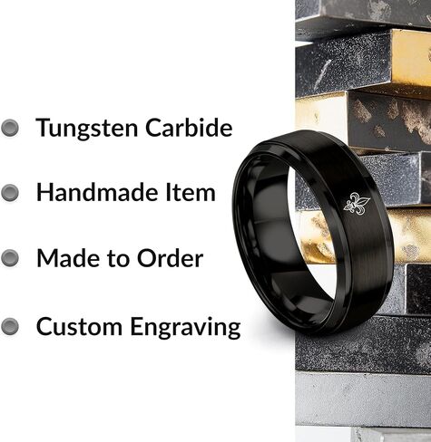 Fleur De Lis Ring - Gift for Royalty Fan - Tungsten - Personalized Custom Engraving - Brushed Polished - 8mm - Black Yellow Gold Silver - Men Women - Flat Dome Bevel - Band - Anniversary Wedding in Saudi Arabia