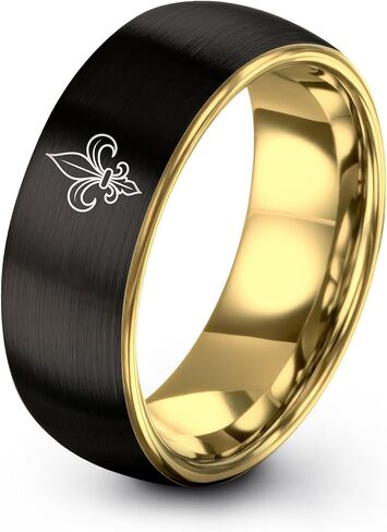 Fleur De Lis Ring - Gift for Royalty Fan - Tungsten - Personalized Custom Engraving - Brushed Polished - 8mm - Black Yellow Gold Silver - Men Women - Flat Dome Bevel - Band - Anniversary Wedding in Saudi Arabia