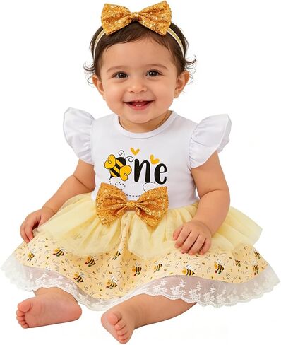LATOBREATH Baby Girl 1st Birthday One Year Old Outfit Bee Doughnut Tulle Tutu Skirt Bow Party Clothes Set in Kuwait