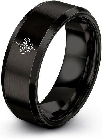 Fleur De Lis Ring - Gift for Royalty Fan - Tungsten - Personalized Custom Engraving - Brushed Polished - 8mm - Black Yellow Gold Silver - Men Women - Flat Dome Bevel - Band - Anniversary Wedding in Saudi Arabia