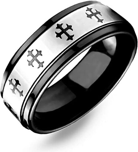 خاتم تنجستن بتصميم ثلاثي الفصوص باللون الأسود مقاس 8 ملم | خاتم الزواج الرجالي | كربيد التنجستن | 8 ملم | الراحة الملائمة | مقاومة للخدش | التبادلات ذات الحجم الحر | متين in Kuwait