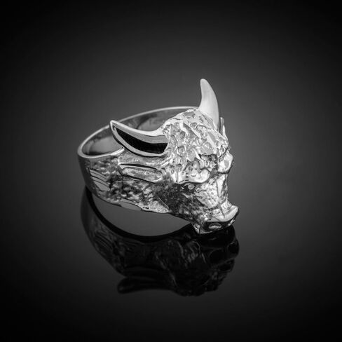 Men's Polished 925 Sterling Silver Band Taurus Bull Ring (Large) in Kuwait