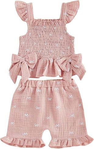 Toddler Baby Girl Daisy Outfit Summer Clothes Bowknot Smocked Camisole Tank Top Ruffle Shorts Set in Saudi Arabia