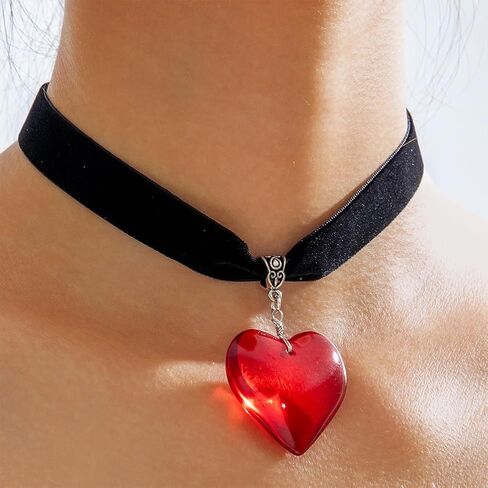 Chunky Big Red Heart Black Velvet Choker Necklace for Women, Simple Trendy Statement Large Love Hearts Pendant Necklaces Y2k Jewelry Accessories Gift in Saudi Arabia