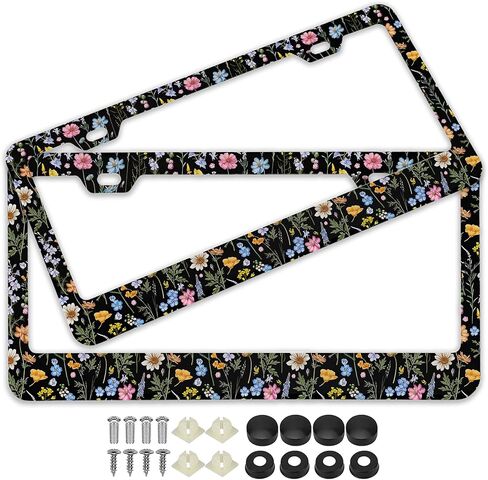 قطعتان من إطارات لوحة ترخيص Wildflower Burst Wild Bloom Floral - حاملات بطاقات سيارة ملونة من الفولاذ المقاوم للصدأ مع براغي، مناسبة عالميًا للولايات المتحدة وكندا 12 بوصة × 6 بوصة، ديكور زهور نابض بالحياة in Kuwait