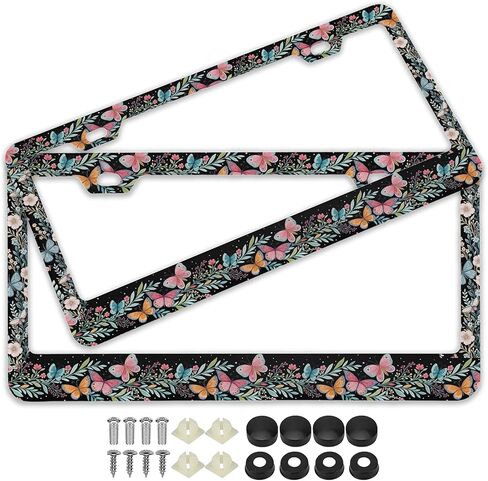2Pcs Personalized Wildflower Burst Wild Bloom Floral License Plate Frames - Colorful Stainless Steel Car Tag Holders with Screws, Universal Fit for US & Canada 12"x6" Plates, Vibrant Floral Decor in Saudi Arabia