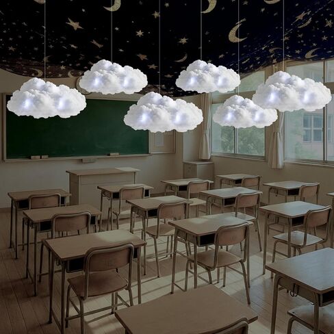 6 مجموعة مصابيح LED سحابية معلقة للسقف مع قطعتين 4.9 × 3.4 قدم معالج سحري للفصول الدراسية نجمة ليلية من القطن الاصطناعي زخارف السقف للفصول الدراسية معالج سحري لعيد الميلاد in Saudi Arabia