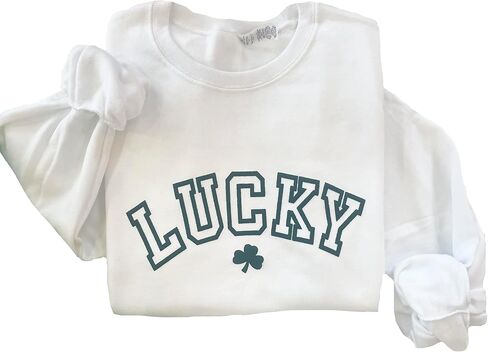 Lucky Crewneck Sweatshirt - Womens St Patricks Day Shirt - Shamrock Sweater- Embossed Puff - St Patrick's Day T Shirt - Irish Sweatshirt Light Grey in Saudi Arabia