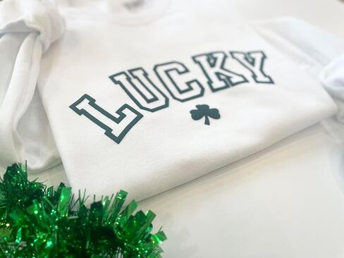 Lucky Crewneck Sweatshirt - Womens St Patricks Day Shirt - Shamrock Sweater- Embossed Puff - St Patrick's Day T Shirt - Irish Sweatshirt Light Grey in Saudi Arabia