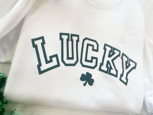 Lucky Crewneck Sweatshirt - Womens St Patricks Day Shirt - Shamrock Sweater- Embossed Puff - St Patrick's Day T Shirt - Irish Sweatshirt Light Grey in Saudi Arabia