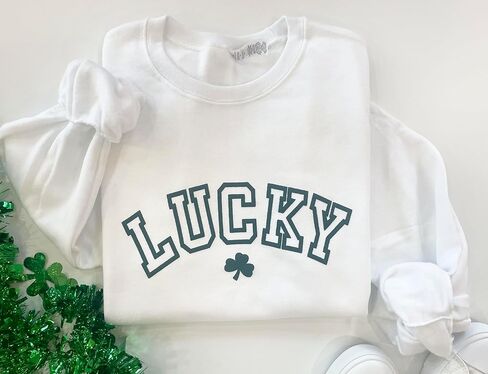 Lucky Crewneck Sweatshirt - Womens St Patricks Day Shirt - Shamrock Sweater- Embossed Puff - St Patrick's Day T Shirt - Irish Sweatshirt Light Grey in Saudi Arabia