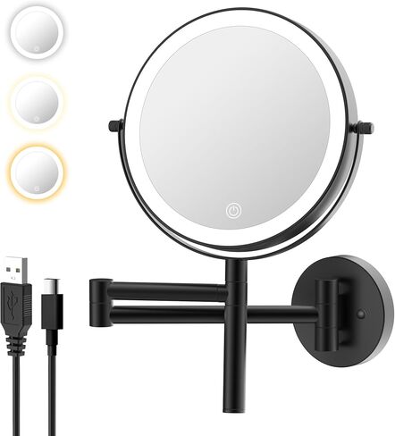 8" Wall Mounted Makeup Mirror with Handle, 3 Color Lights Dimmable and 1X/10X Magnification, Rechargeable Bathroom Wall Mount Magnifying Mirror with Extension Arm Height Adjustable Black in Kuwait