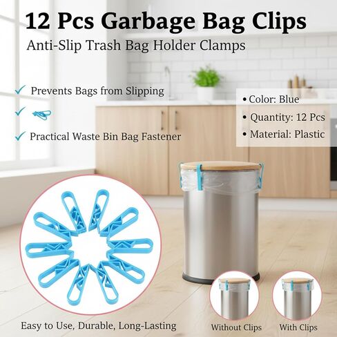 12 Pcs Garbage Bag Clips, Anti-Slip Trash Bag Holder Clamps, Practical Waste Bin Bag Fastener, Prevents Bags from Slipping, Blue in Saudi Arabia