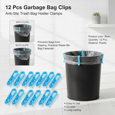 12 Pcs Garbage Bag Clips, Anti-Slip Trash Bag Holder Clamps, Practical Waste Bin Bag Fastener, Prevents Bags from Slipping, Blue in Saudi Arabia